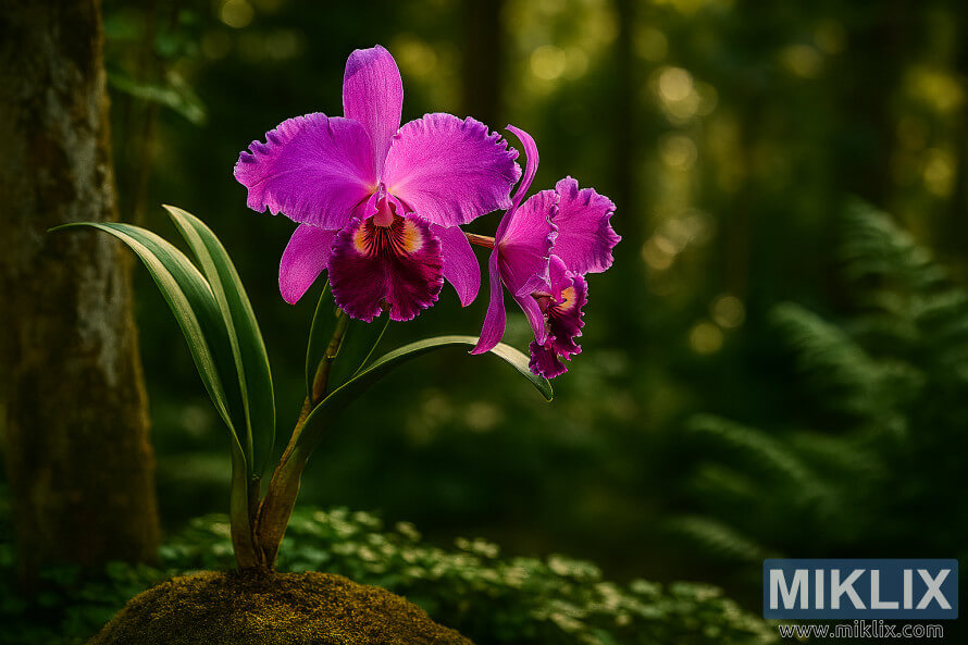 OrchidÃ©e Cattleya magenta aux pÃ©tales Ã©bouriffÃ©s, fleurissant dans un jardin forestier ensoleillÃ© avec un feuillage vert luxuriant