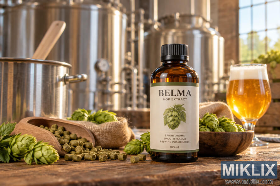 Amber bottle labeled Belma hop extract on a rustic wooden brewery table, surrounded by fresh green hops, hop pellets, a wooden scoop, burlap, brewing equipment, stainless-steel tanks, and a glass of golden beer. Amber bottle labeled Belma hop extract on a rustic wooden brewery table, surrounded by fresh green hops, hop pellets, a wooden scoop, burlap, brewing equipment, stainless-steel tanks, and a glass of golden beer.