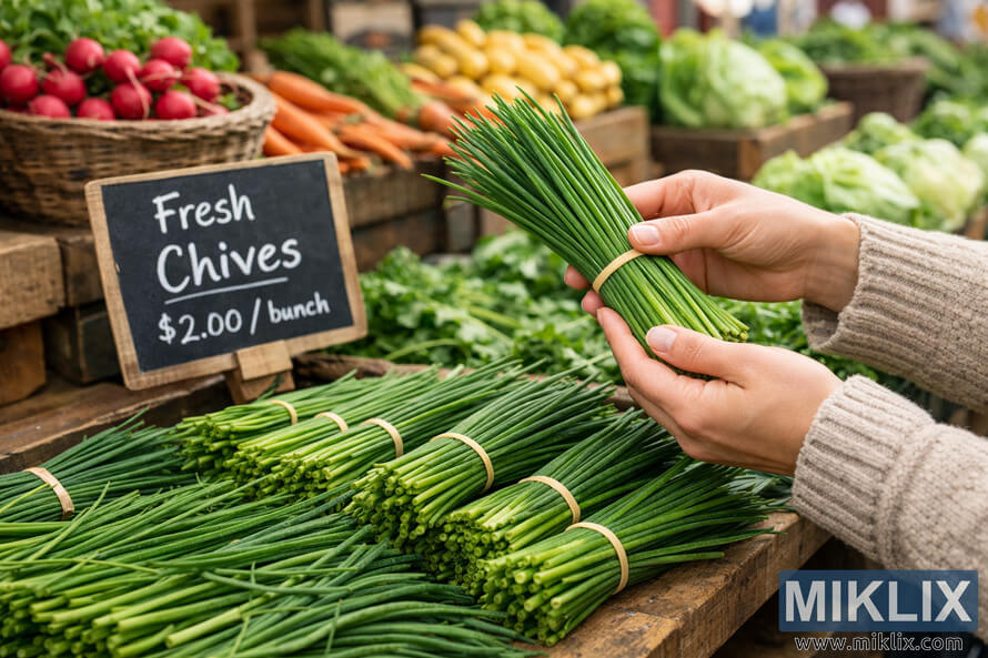 Hands selecting a bundle of fresh green chives at a farmers market stall with a chalkboard sign reading 'Fresh Chives $2.00 / bunch' and colorful produce in the background. Hands selecting a bundle of fresh green chives at a farmers market stall with a chalkboard sign reading 'Fresh Chives $2.00 / bunch' and colorful produce in the background.