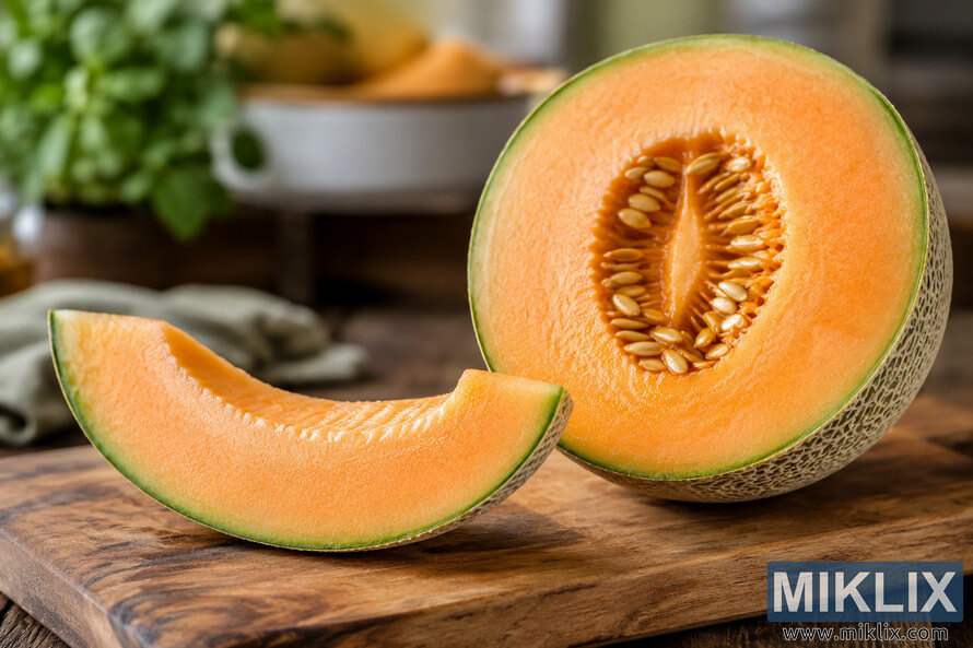 Fresh cantaloupe sliced open on a rustic wooden cutting board, showing vibrant orange flesh and seeds in warm natural kitchen lighting. Fresh cantaloupe sliced open on a rustic wooden cutting board, showing vibrant orange flesh and seeds in warm natural kitchen lighting.