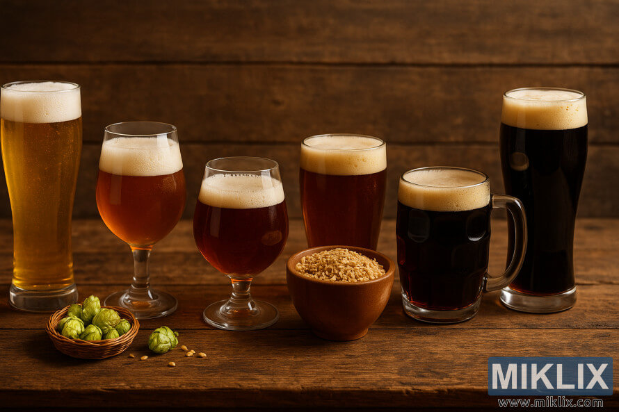 Seven glasses of European ales from light blonde to dark stout arranged on a rustic wooden table with hops and malted barley in the foreground. Seven glasses of European ales from light blonde to dark stout arranged on a rustic wooden table with hops and malted barley in the foreground.
