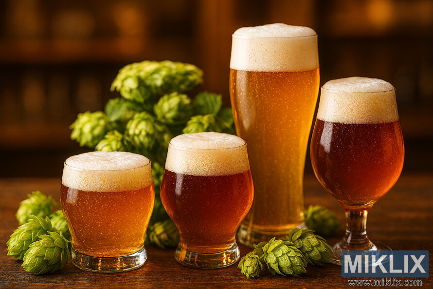 Assorted beer glasses with golden and amber ales surrounded by fresh Orbit hops on a rustic bar
