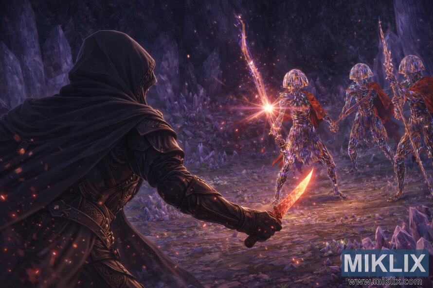 Anime-style fan art showing the Tarnished from behind in Black Knife armor facing the three Putrid Crystalians inside the glowing crystal cavern of Sellia Hideaway.