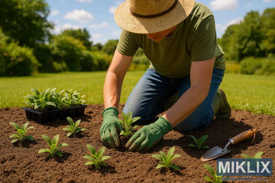 Un jardinier agenouillÃ© dans un parterre prÃ©parÃ© tout en plantant des semis de digitale dans un sol riche sous un soleil dâÃ©tÃ© Ã©clatant.