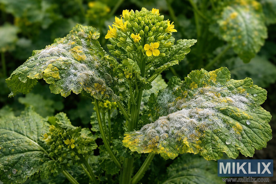 High-resolution landscape photo of a mustard plant with yellow flowers and green leaves covered in grayish-white downy mildew and yellow lesions.
