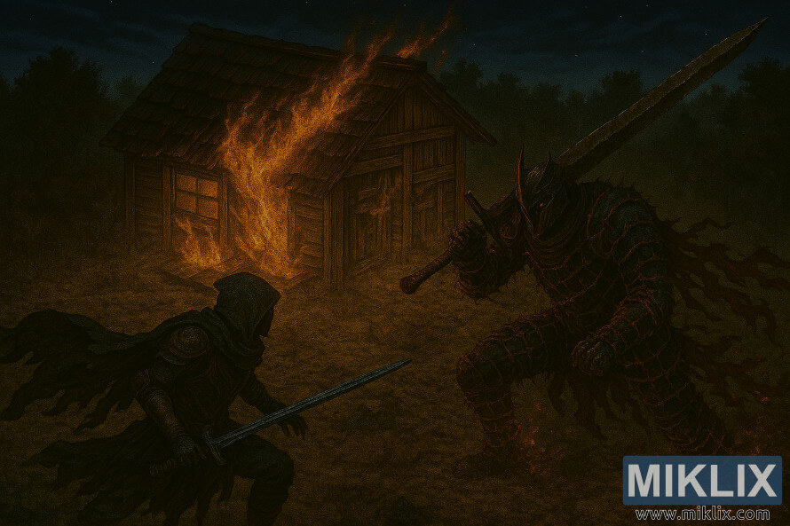 Σκοτεινή φανταστική μάχη μεταξύ του Αμαυρωμένου με την πανοπλία του Μαύρου Μαχαιριού και του Κυνηγού με το Κουδούνι και το σκουριασμένο σπαθί.