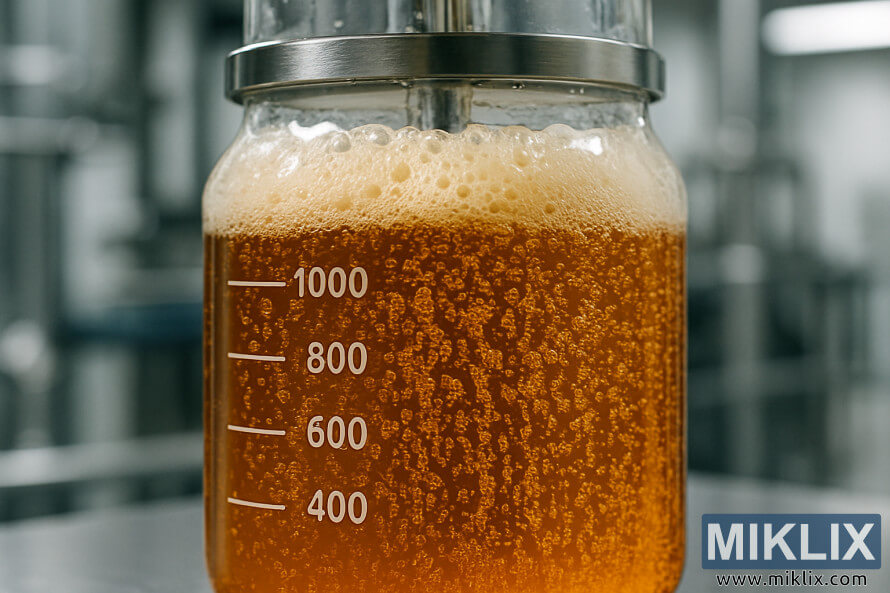 Close-up de um recipiente de fermentaÃ§Ã£o de vidro com lÃ­quido Ã¢mbar borbulhante em um ambiente de laboratÃ³rio.