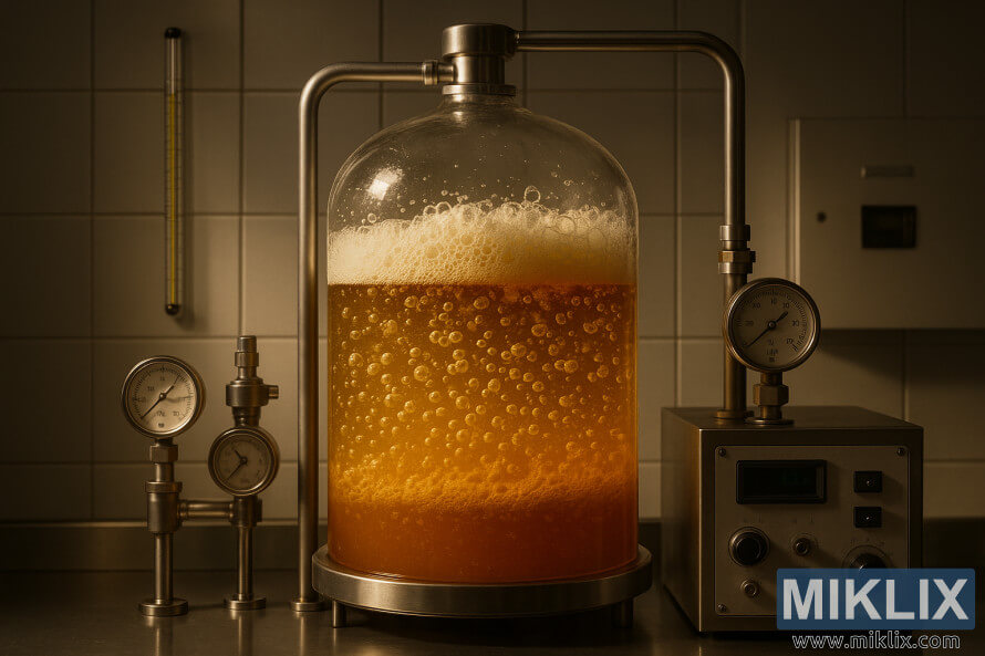 Laboratorium kanthi wadhah fermentasi sing gedhe banget lan peralatan ngawasi.