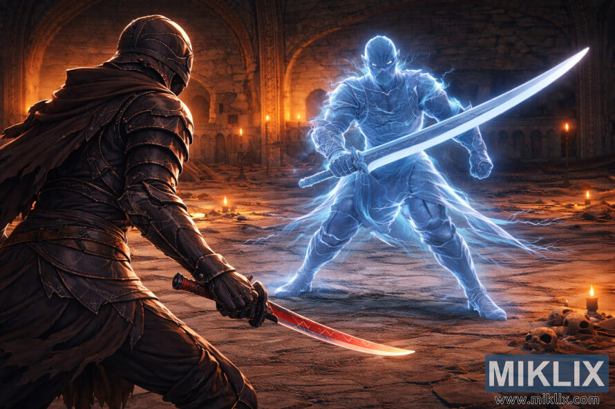 Anime-style Elden Ring fan art showing the Tarnished on the left facing a ghostly blue knight who has moved closer, wielding a glowing great katana inside the Eastern Nameless Mausoleum. Anime-style Elden Ring fan art showing the Tarnished on the left facing a ghostly blue knight who has moved closer, wielding a glowing great katana inside the Eastern Nameless Mausoleum.