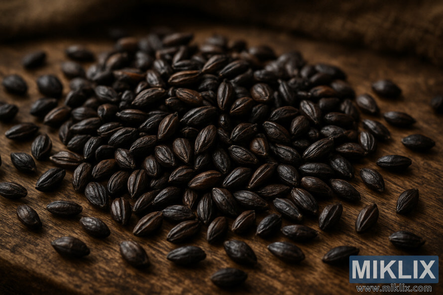 NÃ¦rbillede af mÃ¸rkeristede bygkorn pÃ¥ trÃ¦overflade i blÃ¸dt, varmt lys.