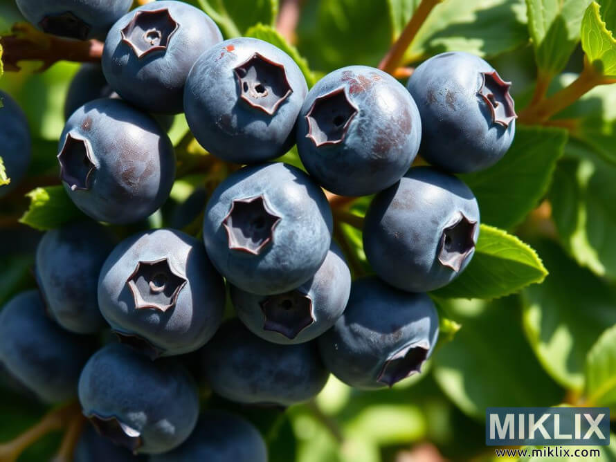Close-up of ripe blueberries on a sunlit bush with green leaves.