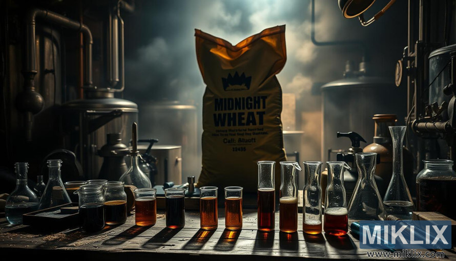 Pahare Èi eprubete pe o bancÄ de lemn, cu un sac de malÈ de grÃ¢u Midnight Wheat Malt care aruncÄ umbrÄ Ã®ntr-o berÄrie Ã®ntunecatÄ.