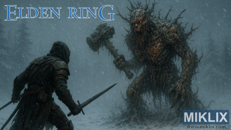A warrior in Black Knife armor faces the Putrid Avatar in a snowy blizzard in Elden Ring. A warrior in Black Knife armor faces the Putrid Avatar in a snowy blizzard in Elden Ring.