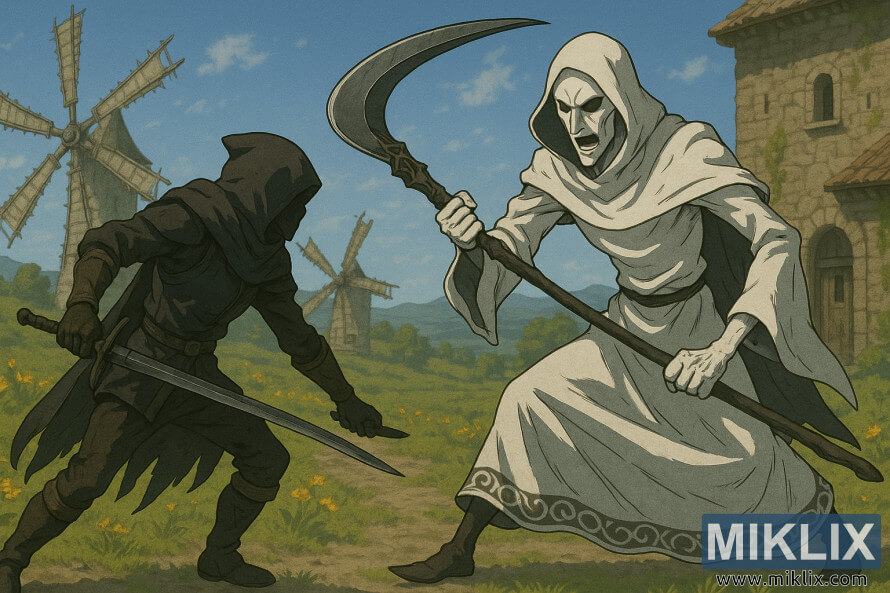 Art fans i Elden Ring nÃ« stilin anime qÃ« tregon tÃ« armaturÃ«n e Tarnished in Black ThikÃ« duke luftuar njÃ« Apostull tÃ« gjatÃ« e tÃ« hollÃ« Godskin qÃ« mban nÃ« dorÃ« qÃ«ruesin Godskin nÃ« Fshatin Dominula Windmill.