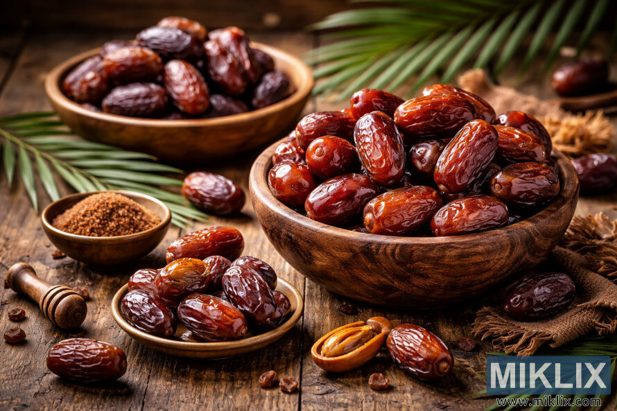 Sveži in posušeni datlji, razstavljeni v lesenih skledah na rustikalni leseni mizi s palmovimi listi in datljevim sladkorjem Sveži in posušeni datlji, razstavljeni v lesenih skledah na rustikalni leseni mizi s palmovimi listi in datljevim sladkorjem