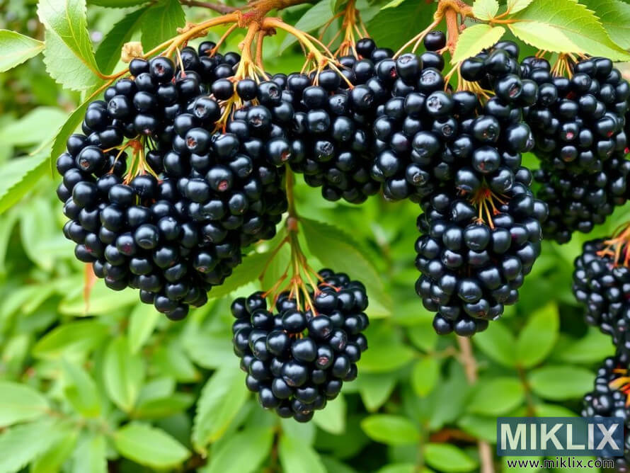Clusters of ripe dark elderberries hanging from a green leafy branch.