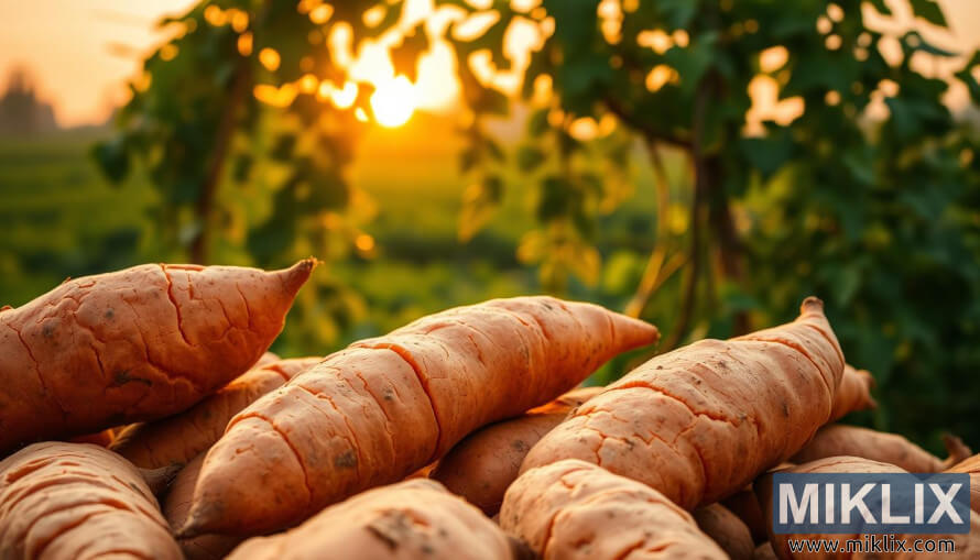 Åwieże sÅodkie ziemniaki z zielonymi pÄdami i liÅÄmi, w ciepÅym, zÅotym blasku. Åwieże sÅodkie ziemniaki z zielonymi pÄdami i liÅÄmi, w ciepÅym, zÅotym blasku.
