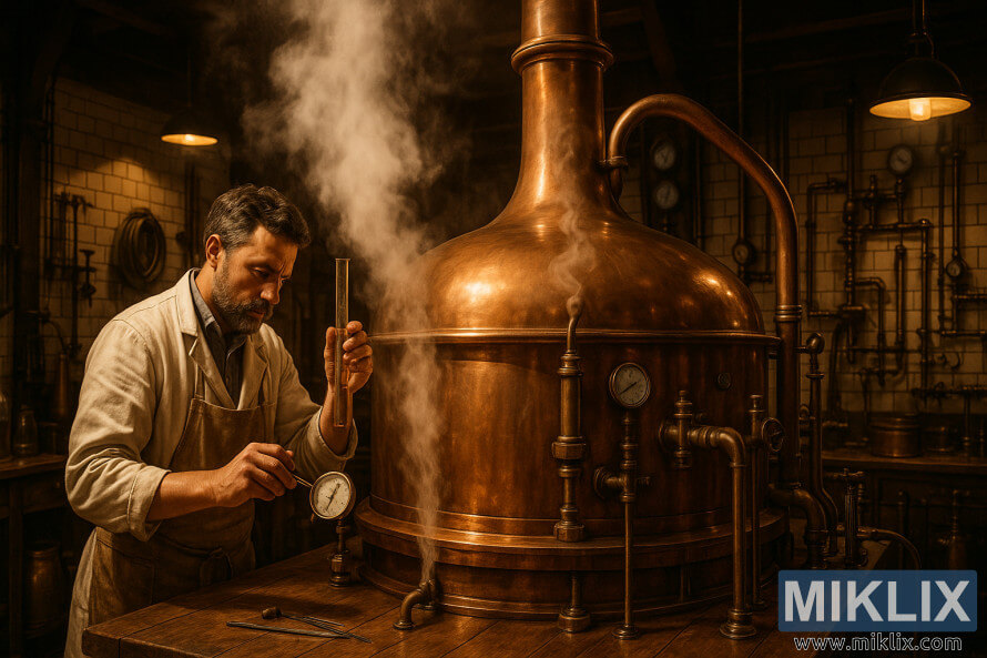 SlÃ¡dok v bielom plÃ¡Å¡ti kontroluje zariadenie vedÄ¾a horÃºceho medenÃ©ho kotla v teplom, tradiÄnom pivovare.