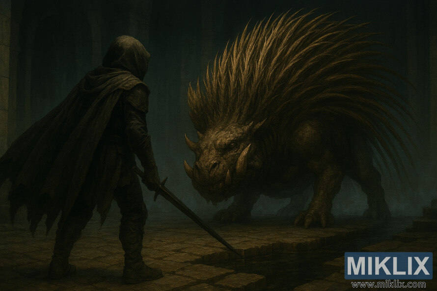 Dark fantasy fan art of the Tarnished in Black Knife armor facing the Golden Hippopotamus boss in Elden Ring: Shadow of the Erdtree