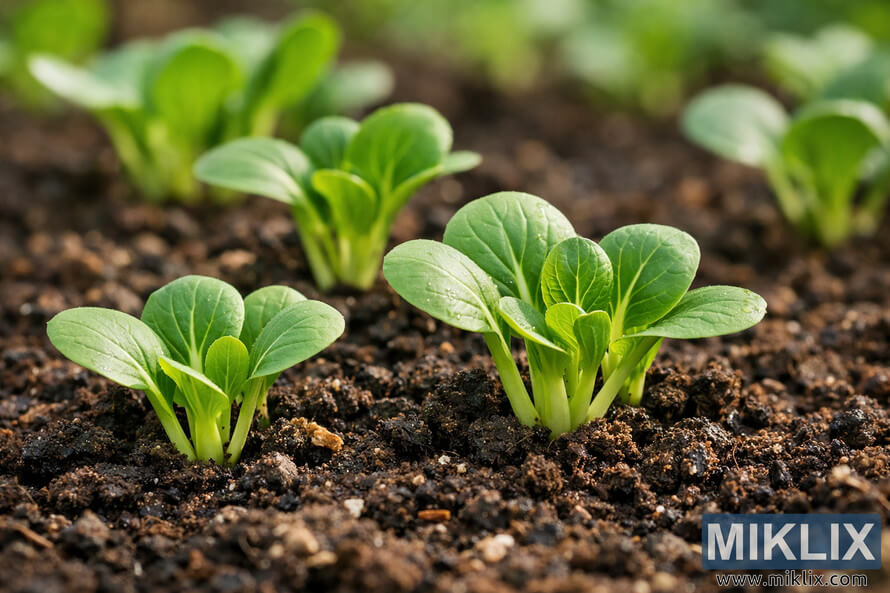 Close-up photograph of young bok choy seedlings emerging from dark, moist soil with bright green leaves and soft sunlight highlighting their growth. Close-up photograph of young bok choy seedlings emerging from dark, moist soil with bright green leaves and soft sunlight highlighting their growth.