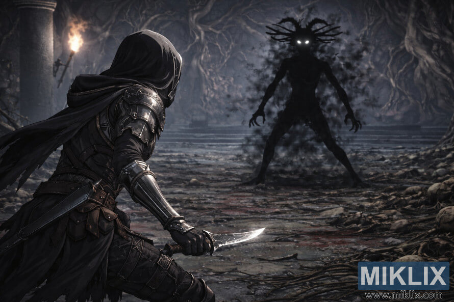 HÃ¬nh áº£nh do fan váº½ theo phong cÃ¡ch anime láº¥y cáº£m há»©ng tá»« Elden Ring, thá» hiá»n Tarnished trong bá» giÃ¡p Black Knife tá»« phÃ­a sau, Äá»i máº·t vá»i bÃ³ng ma Cemetery Shade bÃªn trong háº§m má» Black Knife.