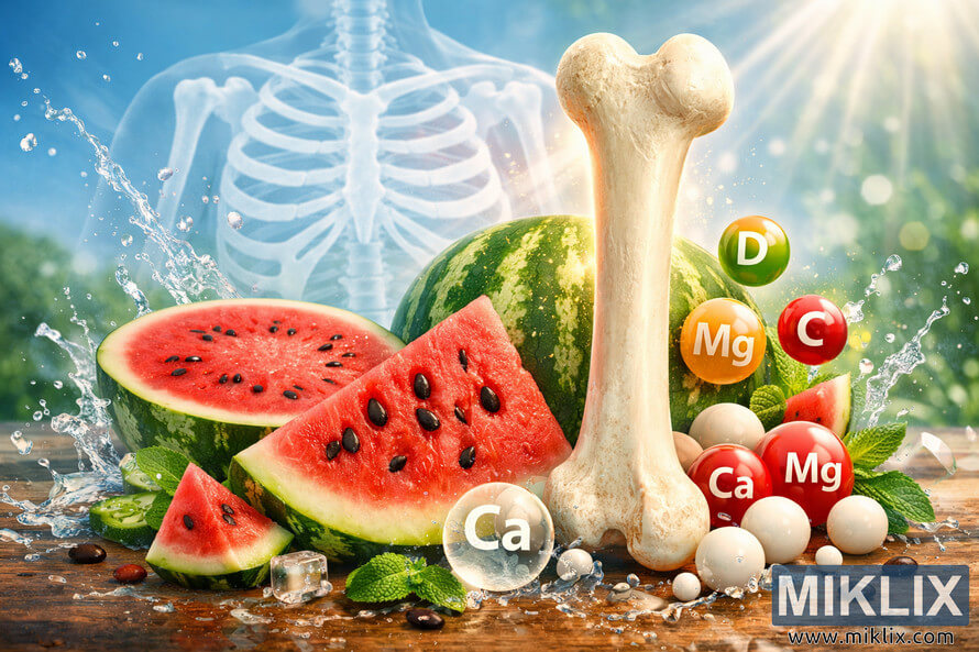 A vibrant conceptual image showing watermelon slices and a human femur bone surrounded by calcium, magnesium, and vitamin symbols, representing bone health support from watermelon nutrients. A vibrant conceptual image showing watermelon slices and a human femur bone surrounded by calcium, magnesium, and vitamin symbols, representing bone health support from watermelon nutrients.