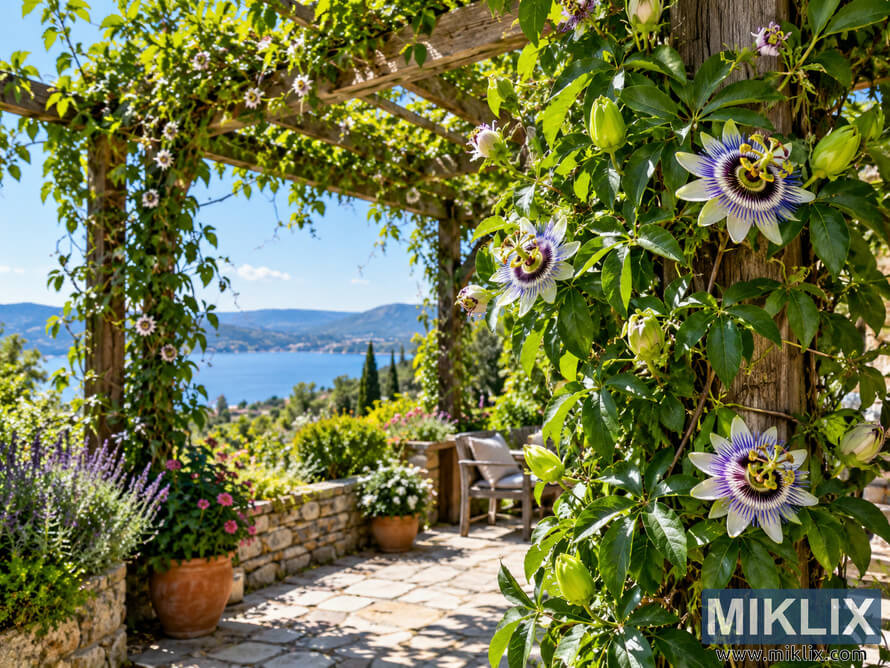 Passion flower vine blooming on a sunlit wooden pergola above a stone garden terrace overlooking blue water and distant hills. Passion flower vine blooming on a sunlit wooden pergola above a stone garden terrace overlooking blue water and distant hills.