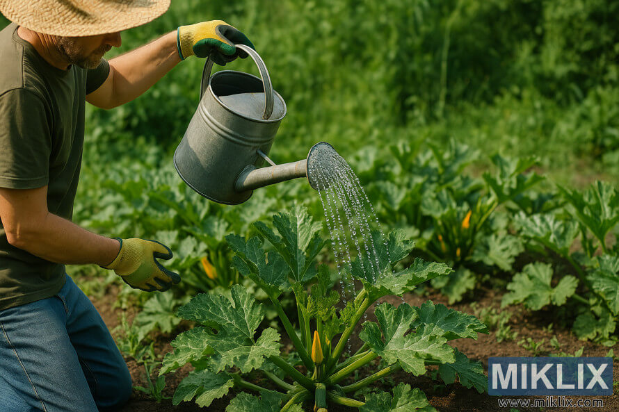 GÃ¼neÅli bir bahÃ§ede, bahÃ§Ä±van diz Ã§Ã¶kmÃ¼Å halde metal bir sulama kabÄ±yla saÄlÄ±klÄ± kabak bitkilerini suluyor.