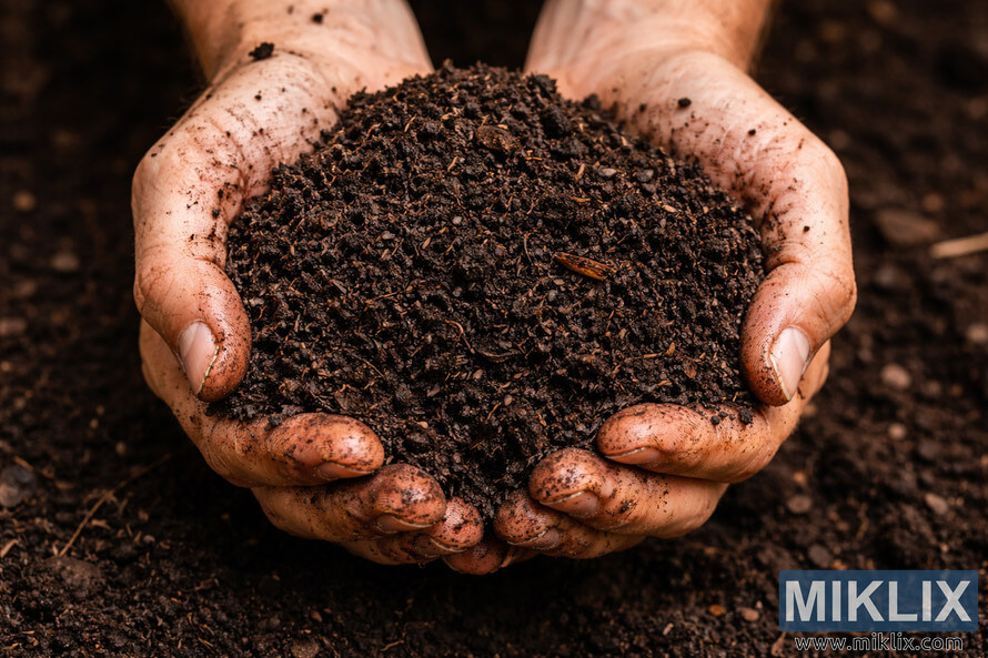 Close-up of two hands gently holding a mound of rich, dark compost soil with visible organic texture.