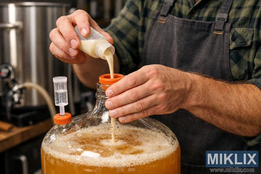 A homebrewer in a plaid shirt and apron pours creamy liquid yeast from a small plastic vial into a glass carboy filled with golden pilsner wort, surrounded by brewing equipment in a warmly lit home setup. A homebrewer in a plaid shirt and apron pours creamy liquid yeast from a small plastic vial into a glass carboy filled with golden pilsner wort, surrounded by brewing equipment in a warmly lit home setup.