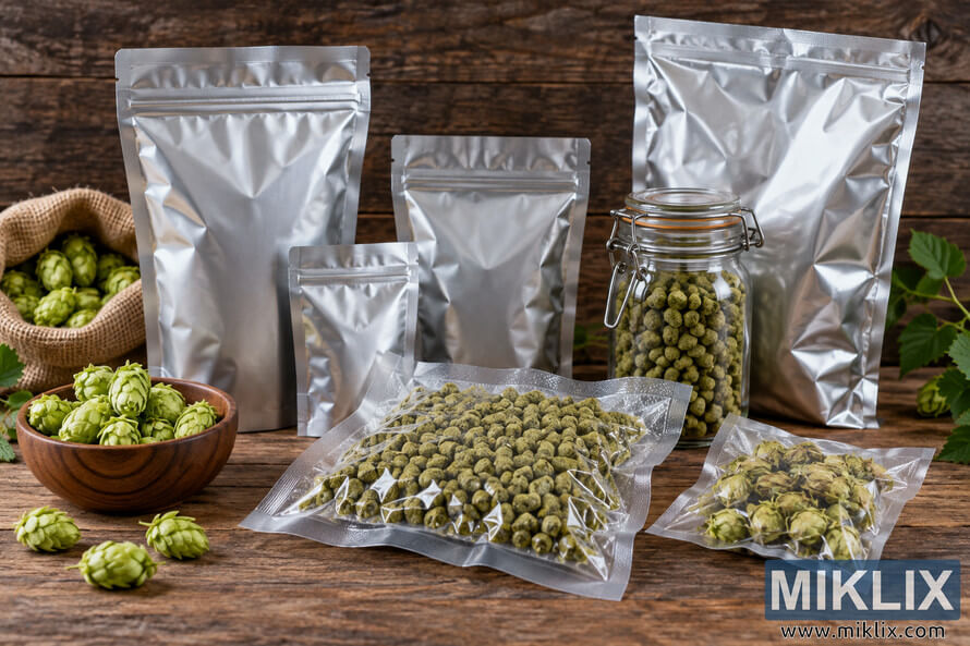 Rustic still life showing unbranded foil pouches, vacuum-sealed bags of hop pellets and whole hop cones, a glass storage jar, and loose hops on a wooden table Rustic still life showing unbranded foil pouches, vacuum-sealed bags of hop pellets and whole hop cones, a glass storage jar, and loose hops on a wooden table
