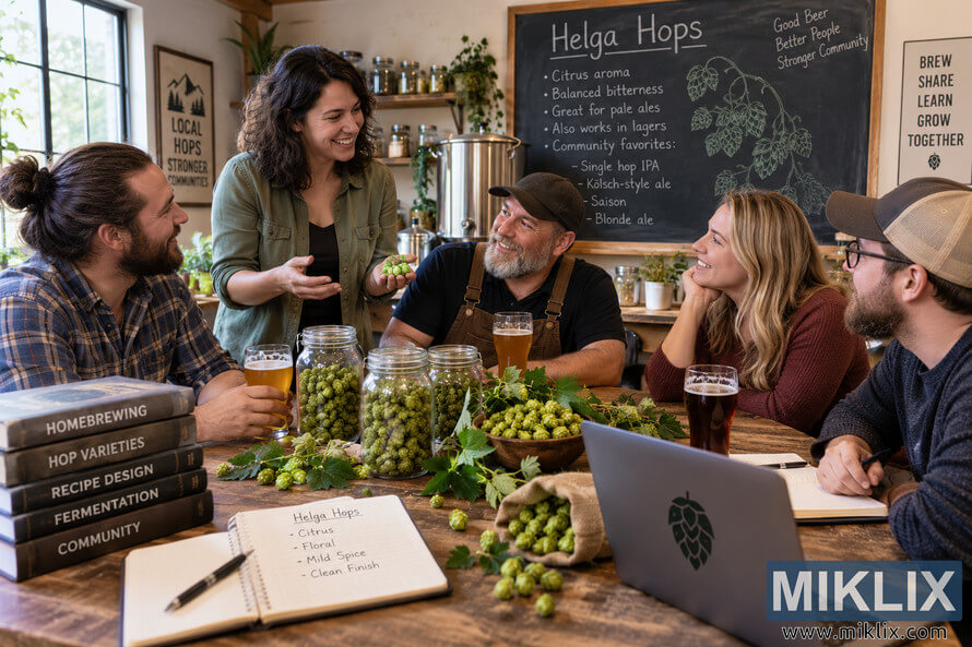 Five homebrewers gather around a rustic table to discuss Helga Hops, examine fresh hop cones, taste beer, and share brewing notes in a cozy workshop. Five homebrewers gather around a rustic table to discuss Helga Hops, examine fresh hop cones, taste beer, and share brewing notes in a cozy workshop.