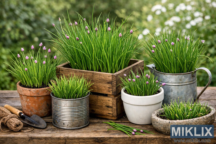 A landscape photograph showing chives growing in various containers including terracotta pots, metal tins, a wooden crate, a ceramic pot, a watering can, and a wicker basket on a rustic wooden surface outdoors with a blurred garden background. A landscape photograph showing chives growing in various containers including terracotta pots, metal tins, a wooden crate, a ceramic pot, a watering can, and a wicker basket on a rustic wooden surface outdoors with a blurred garden background.