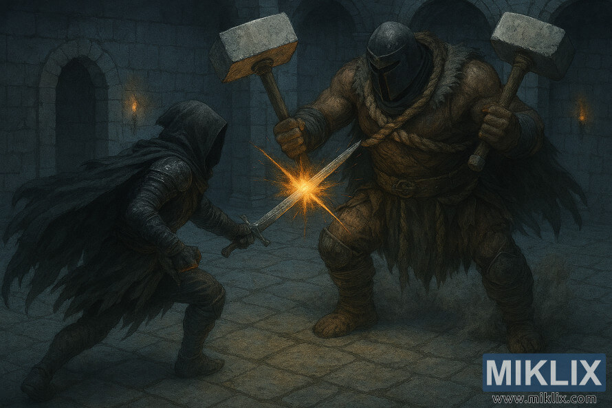 Realistic battle scene of Tarnished fighting Grave Warden Duelist with dual hammers in Elden Ring