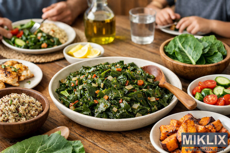 A vibrant family meal featuring a bowl of sautéed collard greens surrounded by quinoa, roasted sweet potatoes, and fresh salad on a rustic wooden table.
