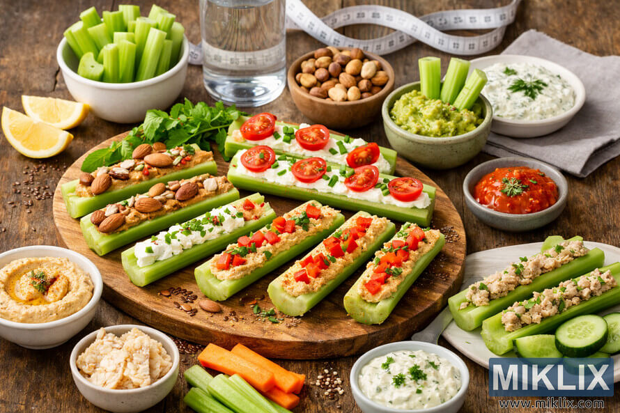 A high-resolution photo of assorted healthy celery snacks arranged on a rustic wooden table, featuring stuffed celery sticks with peanut butter, cream cheese, and hummus, surrounded by dips, nuts, and fresh vegetables for a balanced diet.