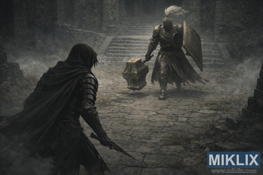 Semi realistic dark fantasy scene of the Tarnished in black armor approaching Black Knight Garrew with mace and shield in a foggy ruined courtyard.