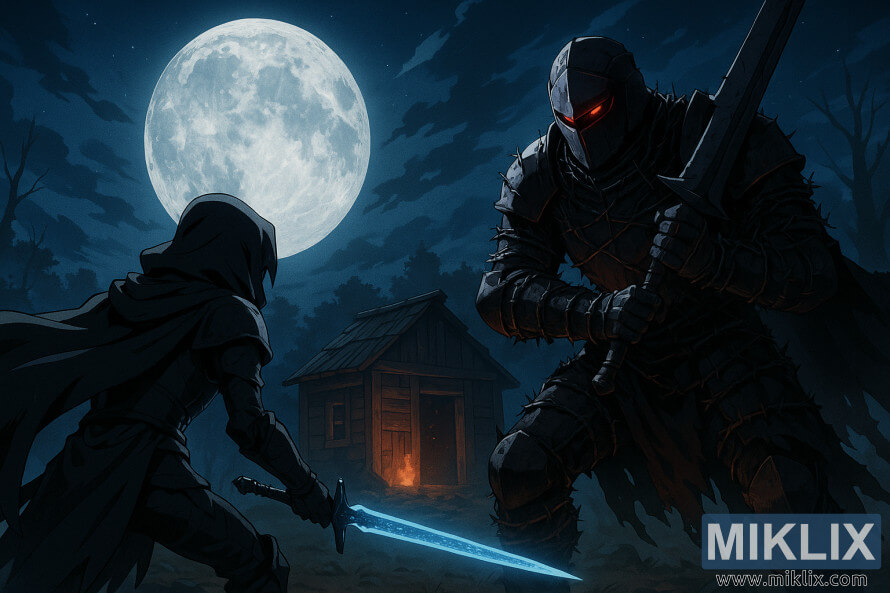 Fan art σε στυλ anime του Elden Ring, με μια πανοπλία Tarnished in Black Knife που βλέπει τον Κυνηγό με το Κουδούνι και το Κρανίο, φορώντας πλήρες κράνος και πανοπλία από συρματόπλεγμα, κοντά στην Καλύβα του Ερημίτη κάτω από ένα λαμπερό φεγγάρι. Fan art σε στυλ anime του Elden Ring, με μια πανοπλία Tarnished in Black Knife που βλέπει τον Κυνηγό με το Κουδούνι και το Κρανίο, φορώντας πλήρες κράνος και πανοπλία από συρματόπλεγμα, κοντά στην Καλύβα του Ερημίτη κάτω από ένα λαμπερό φεγγάρι.