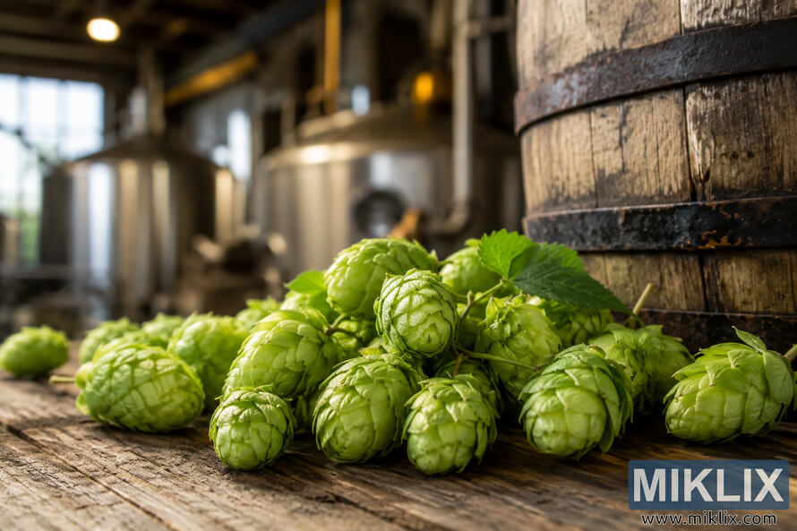 Close-up of fresh green Sylva hops on a rustic wooden table beside an aged brewery barrel, with a softly blurred brewery background and warm natural light. Close-up of fresh green Sylva hops on a rustic wooden table beside an aged brewery barrel, with a softly blurred brewery background and warm natural light.