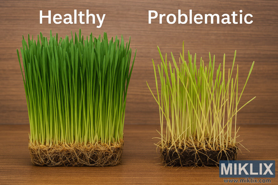Side-by-side comparison of healthy green wheatgrass and problematic yellowing wheatgrass on a wooden surface
