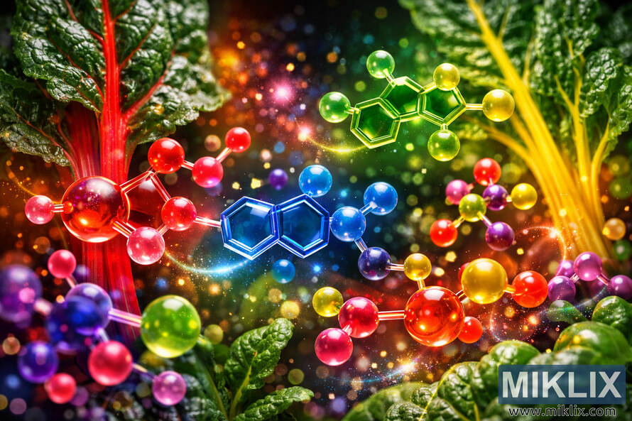 Scientific visualization of colorful antioxidant molecules from Swiss chard, showing glossy, glowing molecular structures in red, blue, green, yellow, and purple connected by luminous bonds, with softly blurred Swiss chard leaves and multicolored light effects in the background.