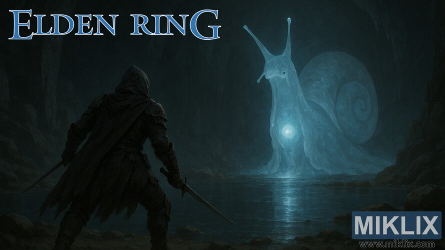 A Black Knife warrior confronts a glowing Spiritcaller Snail inside Spiritcaller Cave in Elden Ring. A Black Knife warrior confronts a glowing Spiritcaller Snail inside Spiritcaller Cave in Elden Ring.