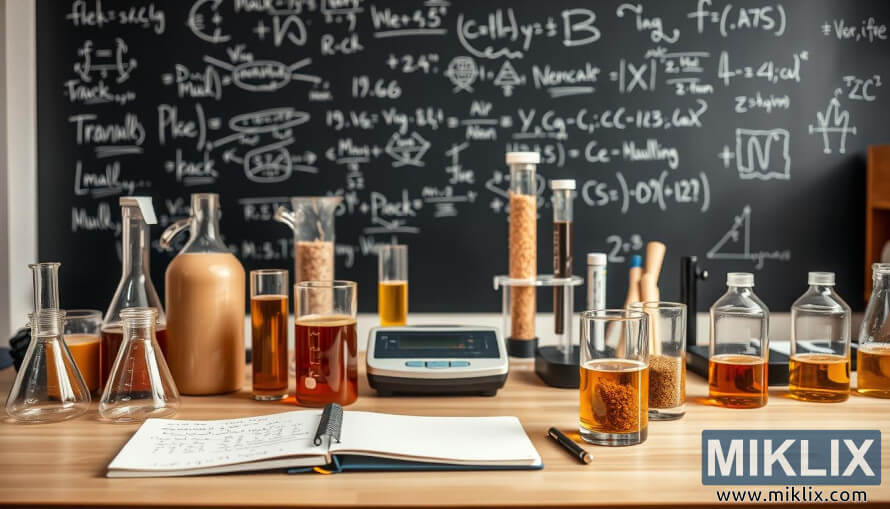 Laboratornà pracovnà stůl s kádinkami, vzorky sladu, digitálnà váhou a poznámkami k výzkumu jantarového sladu. Laboratornà pracovnà stůl s kádinkami, vzorky sladu, digitálnà váhou a poznámkami k výzkumu jantarového sladu.