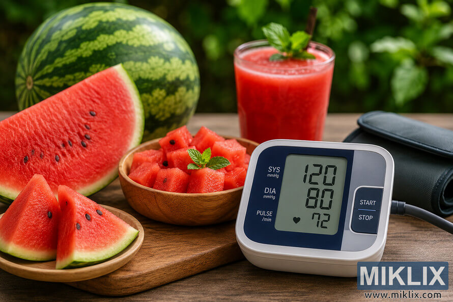 Landscape photo showing a digital blood pressure monitor with cuff beside fresh watermelon slices, watermelon cubes in a wooden bowl, a glass of watermelon juice garnished with mint, and a whole watermelon on a wooden table against a softly blurred green background, illustrating healthy eating and cardiovascular wellness. Landscape photo showing a digital blood pressure monitor with cuff beside fresh watermelon slices, watermelon cubes in a wooden bowl, a glass of watermelon juice garnished with mint, and a whole watermelon on a wooden table against a softly blurred green background, illustrating healthy eating and cardiovascular wellness.