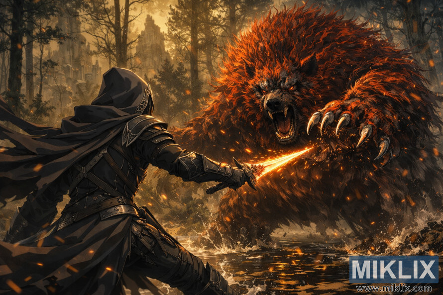 BakifrÃ¥n av anime-fan art som visar Tarnished in Black Knife-rustningen som skjuter en glÃ¶dande dolk mot Ralva, den stora rÃ¶da bjÃ¶rnen, i Scadu Altus dimmiga vÃ¥tmarker, med gnistor och vatten som sprutar runt omkring.