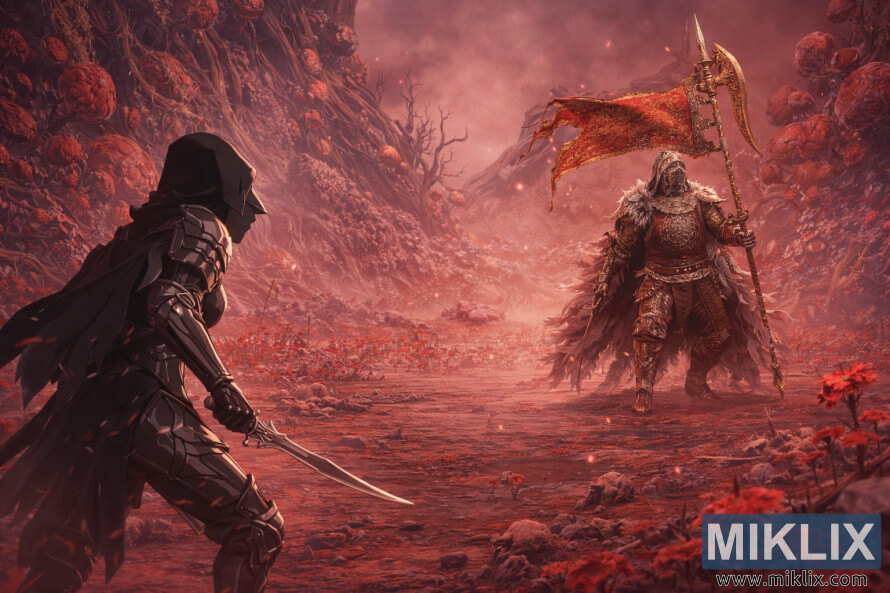 Ð¤Ð°Ð½-Ð°ÑÑ Ð² Ð°Ð½Ð¸Ð¼Ðµ-ÑÑÐ¸Ð»Ðµ, Ð¸Ð·Ð¾Ð±ÑÐ°Ð¶Ð°ÑÑÐ¸Ð¹ ÐÐ°Ð¿ÑÑÐ½Ð°Ð½Ð½ÑÑ Ð² Ð´Ð¾ÑÐ¿ÐµÑÐ°Ñ Ð§ÐµÑÐ½Ð¾Ð³Ð¾ ÐÐ¾Ð¶Ð°, Ð¾ÑÑÐ¾ÑÐ¾Ð¶Ð½Ð¾ ÑÐ¼Ð¾ÑÑÑÑÑÑ Ð½Ð° ÐÐ¾Ð¼Ð°Ð½Ð´Ð¸ÑÐ° Ð'ÐÐ¸Ð»Ð° Ð¿Ð¾ÑÑÐµÐ´Ð¸ ÐºÑÐ°ÑÐ½Ð¾Ð³Ð¾, Ð·Ð°ÑÐ¾ÑÑÐµÐ³Ð¾ Ð³Ð½Ð¸Ð»ÑÑ Ð±Ð¾Ð»Ð¾ÑÐ° Ð­Ð¾Ð½Ð¸Ð¸ Ð·Ð° Ð¼Ð³Ð½Ð¾Ð²ÐµÐ½Ð¸Ñ Ð´Ð¾ Ð½Ð°ÑÐ°Ð»Ð° Ð±Ð¸ÑÐ²Ñ.