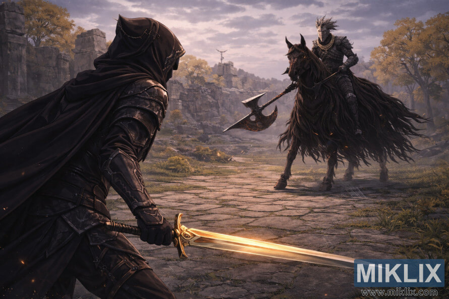 Digitalt maleri i anime-stil av en hettekledd pansret kriger med et glÃ¸dende gyllent sverd sett bakfra overfor en mÃ¸rk ridder montert fÃ¸r kamp i gamle ruiner.