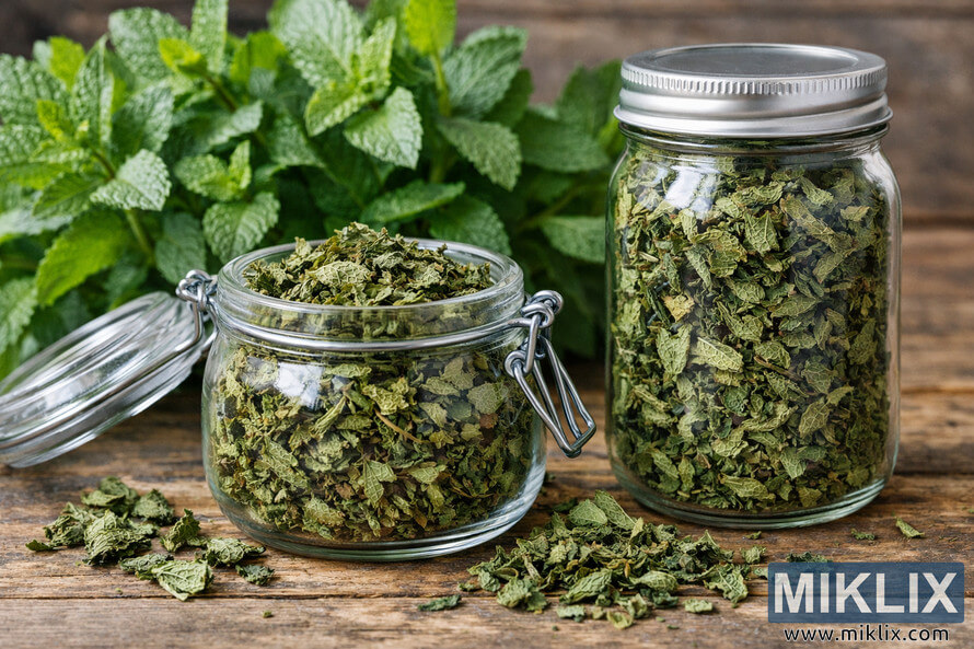 Glass jars filled with dried mint leaves on a rustic wooden table with fresh mint stems in the background