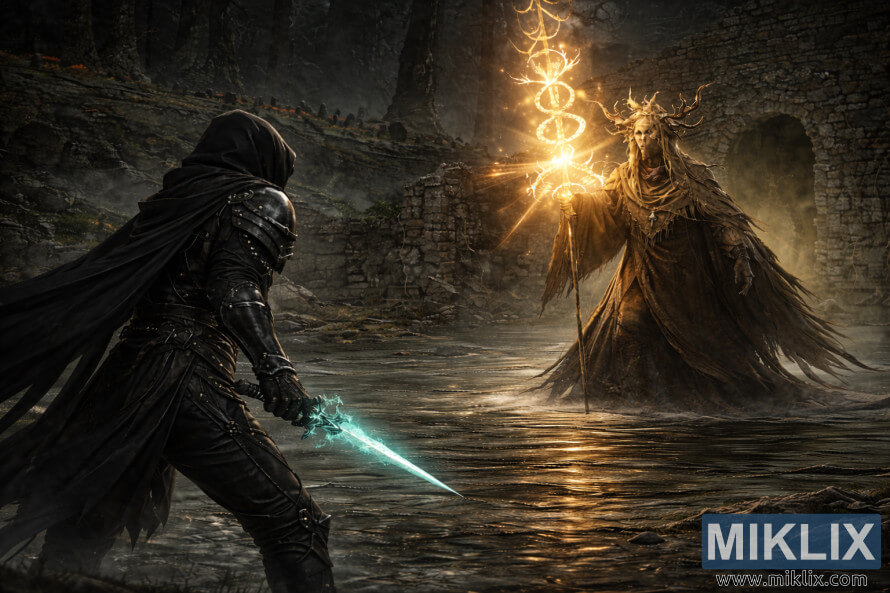 Dark fantasy Elden Ring fan art showing the Tarnished in Black Knife armor facing a looming Jori, Elder Inquisitor, in the flooded ruins of the Darklight Catacombs with realistic lighting and textures. Dark fantasy Elden Ring fan art showing the Tarnished in Black Knife armor facing a looming Jori, Elder Inquisitor, in the flooded ruins of the Darklight Catacombs with realistic lighting and textures.