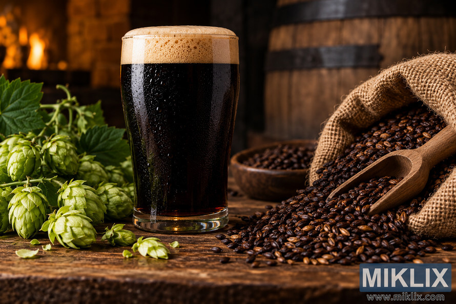 Dark porter beer with a creamy tan head and condensation on the glass, surrounded by fresh green hop cones and roasted malt spilling from a burlap sack with a wooden scoop on a rustic brewery table.